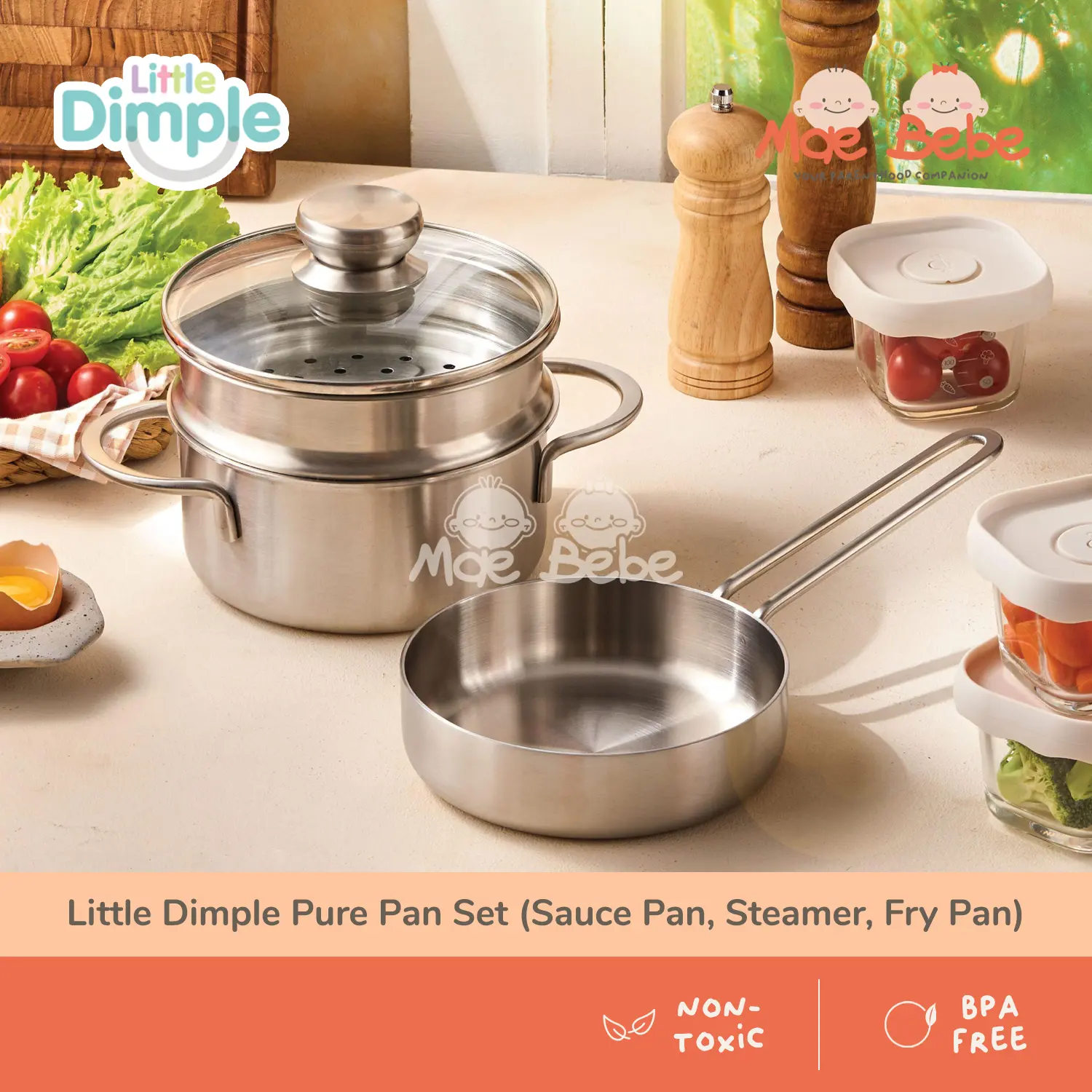 Little Dimple Pure Pan Set 3 in 1 Stainless Steel Saucepan & Steamer & Fry Pan 16cm Alat Masak