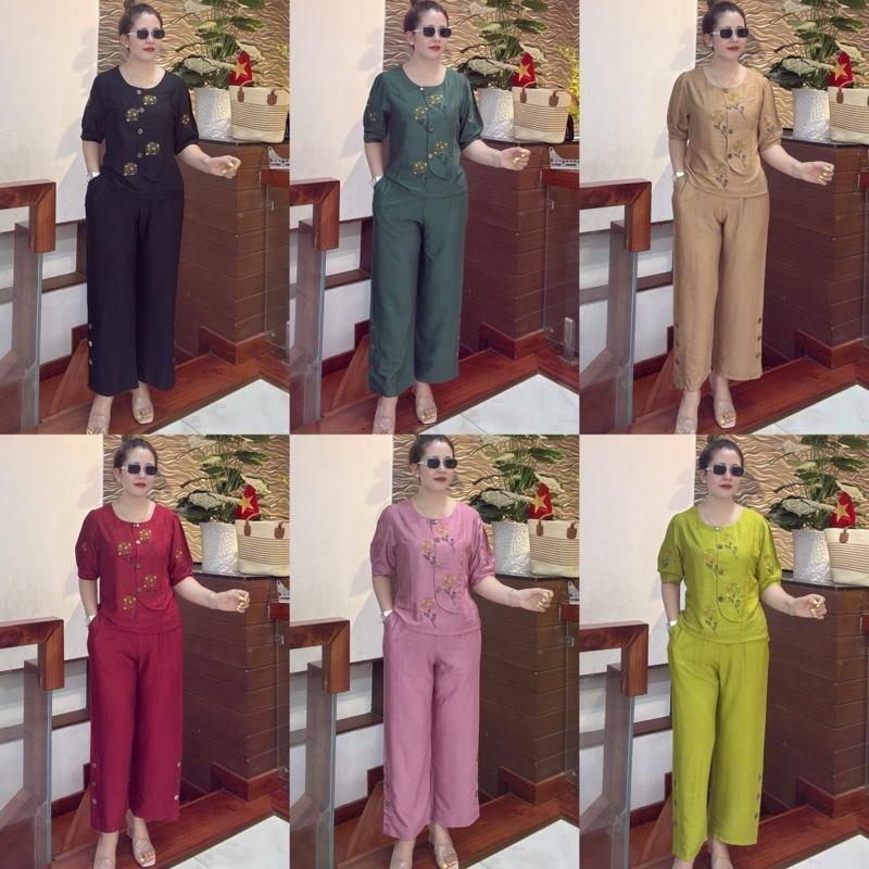 ĐỒ BỘ TRUNG NIÊN HD112, ĐỒ BỘ TẶNG MẸ TẶNG BÀ CHẤT LIỆU LỤA XƯỚC CAO CẤP SIZE 50-70KG THIẾT KẾ TAY NÚT THÊTAY VÀ PHIA TRƯỚC ÁO, QUẦN SUÔNG RỘNG RÃI CẠP CHUN BẢN TO, DƯỚI GẤU CHAY NÚT