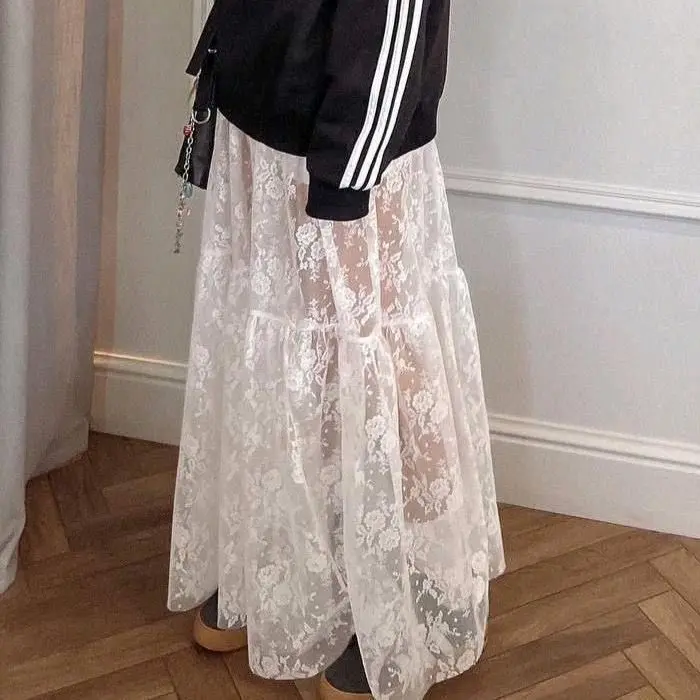 Rok broklat Rok lace panjang susun Rok ruffle broklat wanita Korean lace and lace varsitile Rok Panjang Brokat  Wanita  Motif Bunga Mewah  Nyaman cantik maxi Formal Formal Coklat Variasi