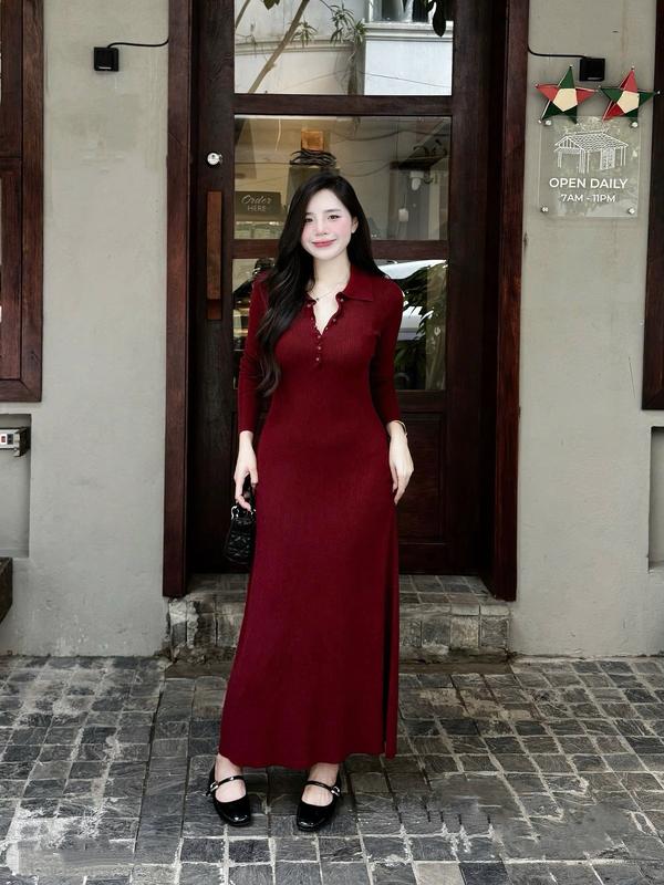    Mina Clothing   Váy len lông thỏ cổ đức TH19 cúc xoắn kiểu thời trang co dãn tốt dành cho nữ mẹ bầu mặc được đi chơi đi làm Women Dress Váy bầu Đầm bầu 