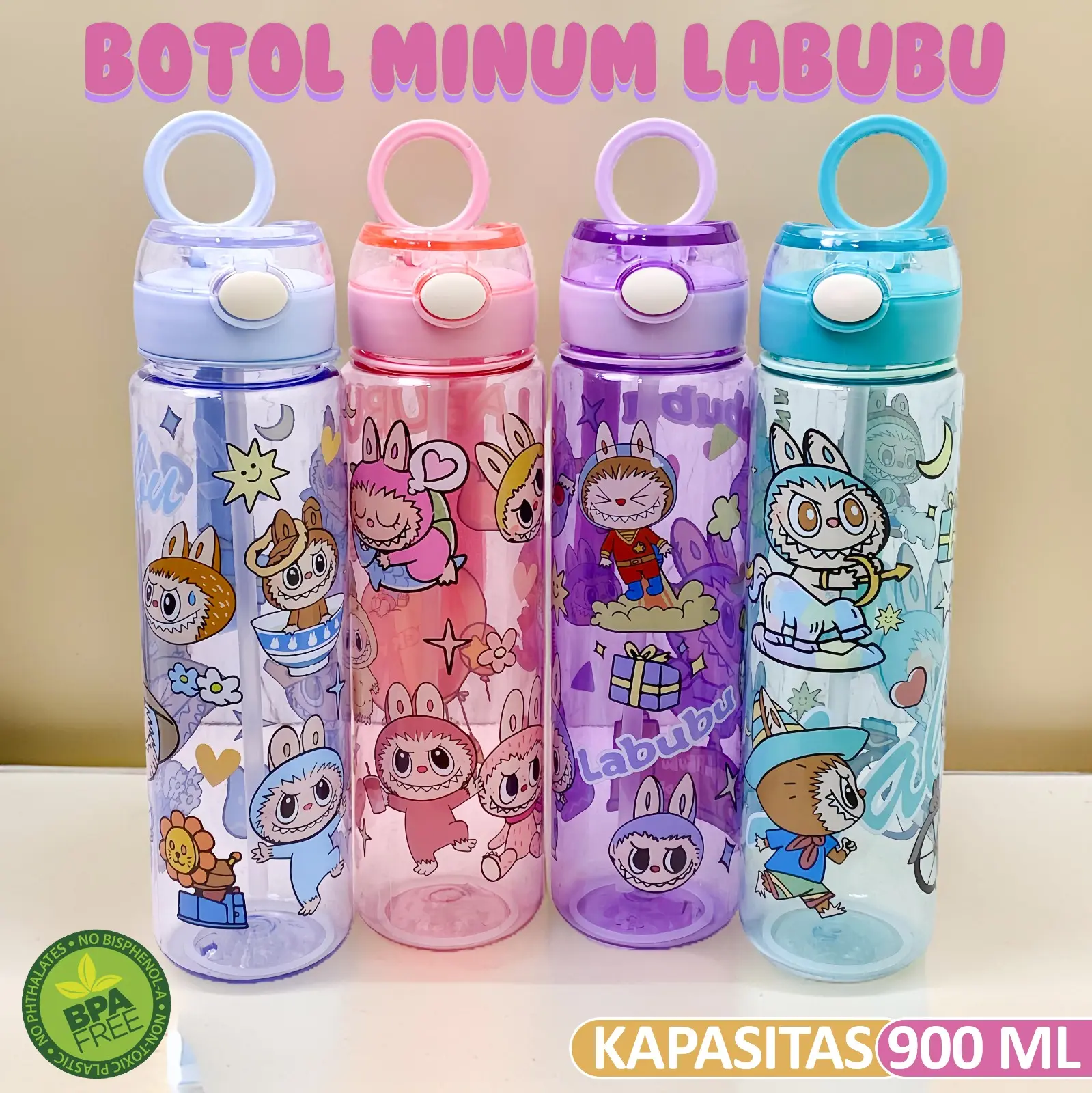 BOTOL MINUM LABUBU VIRAL BAHAN PLASTIK KAPASITAS 900 ML - BOTTLE WATER LABUBU - BOTOL MINUM ANAK SEKOLAH