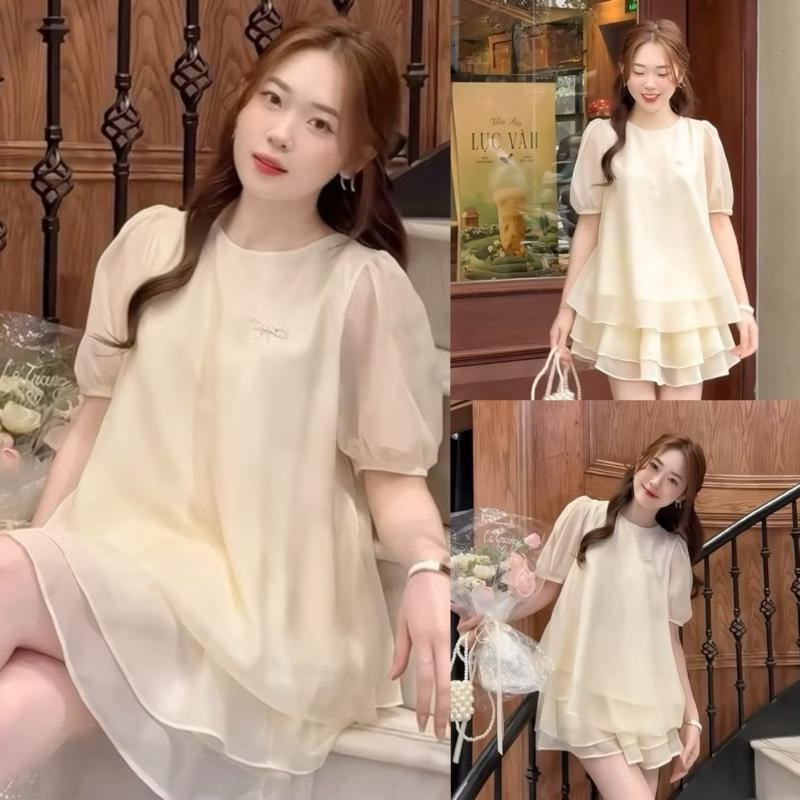 Set bộ đồ nữ áo tơ tay bồng dáng suông kèm tag nơ đá đi kèm chân váy hai tầng có quần bảo hộ dilyshop - S111