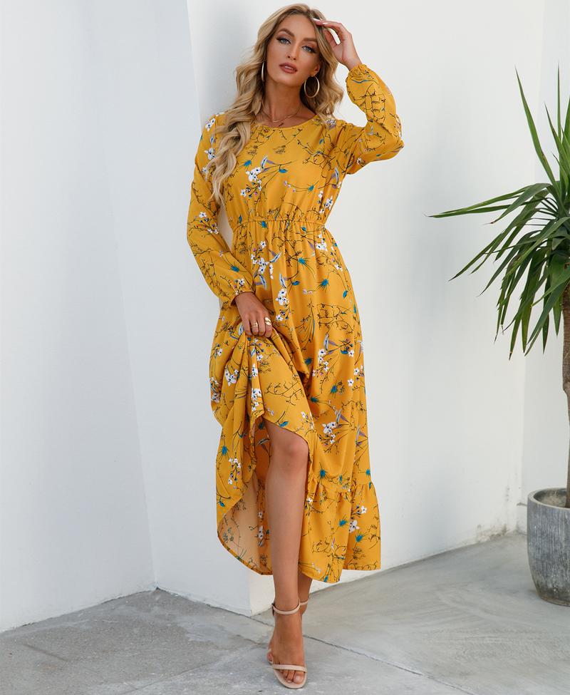 Product Introduction of Cross-Border Foreign Trade Spring and Autumn Floral Chiffon Dress Waist-Controlled Slimming Long Sleeve round-Neck Long Printed Dress Women's 28
