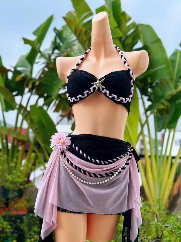  Set Bikini set đi biển 3 món đính sao biển màu ĐEN PHỐI HỒNG lanbishop LB50 