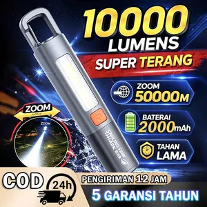 Senter LED Super Terang 10000 Lumens Anti Air Waterproof USB Type-C Rechargeable Zoomable 3 Mode Cahaya Camping Outdoor Emergency Darurat