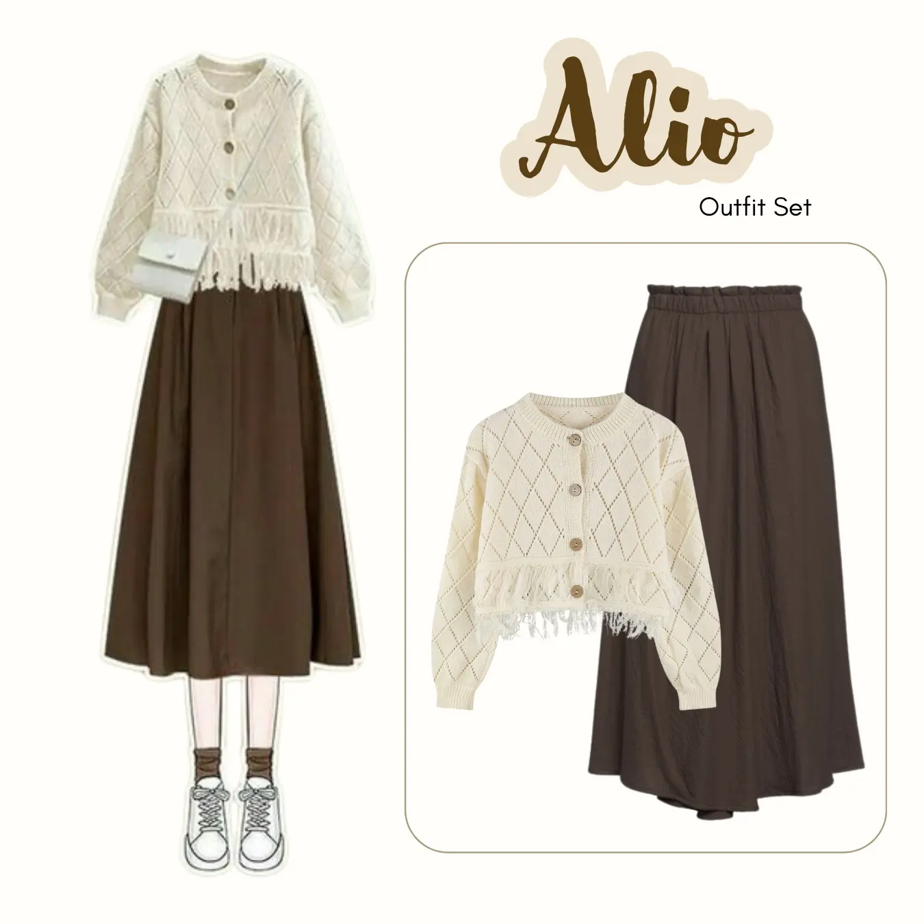 WFD-Alio | Oneset Kekinian Korean Style (Cardigan Rajut Indian Broken White, Rok Payung Cokelat Tua Panjang) OOTD Hangout Jalan-Jalan