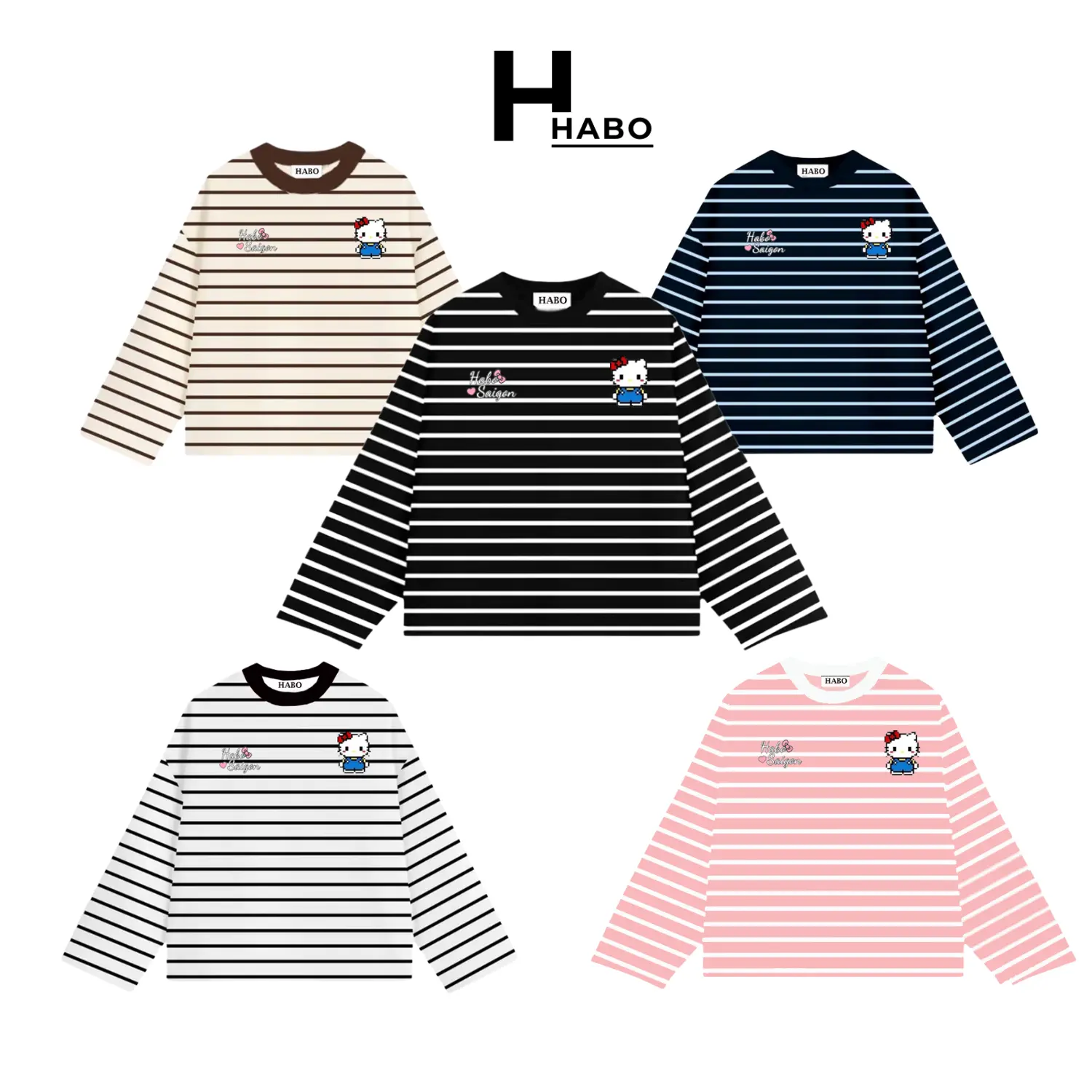 HABO.STORE18 Áo Thun Tay Dài Sọc Ngang Thun Bozip QC Long Sleeve Boxy Form Rộng Cổ Tròn  Hello Kitty Unisex Nam Nữ Basic Dễ Phối Đồ Casual