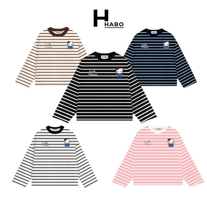  HABO.STORE18 Áo Thun Tay Dài Sọc Ngang Thun Bozip QC Long Sleeve Boxy Form Rộng Cổ Tròn  Hello Kitty Unisex Nam Nữ Basic Dễ Phối Đồ Casual 