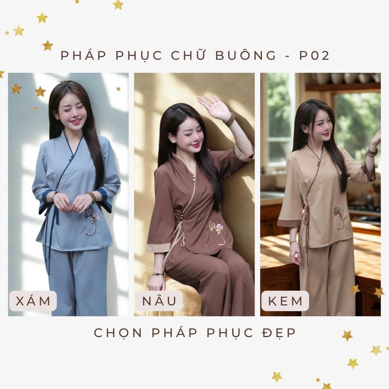 Pháp Phục An Hạ - Bộ Vạt Chéo Thêu Chữ "Buông" P02 - Áo Tay Lỡ & Quần Ống Rộng - Chất Liệu Lụa Quảng Châu Cao Cấp - Màu Xám Nâu Kem - Size M L XL XXL - Phù Hợp Đi Chùa & Thiền Định - Chọn Pháp Phục Đẹp