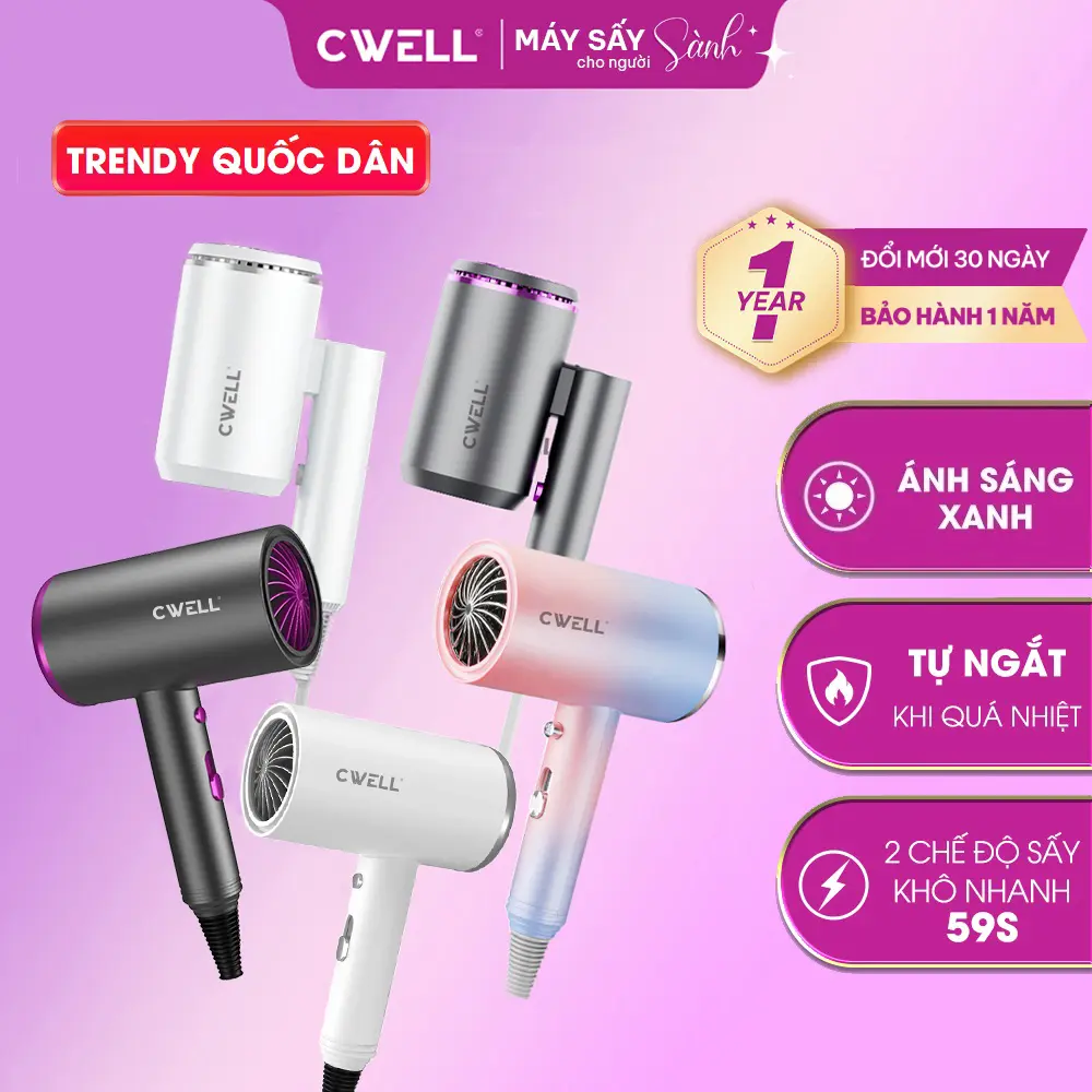 Máy sấy tóc CWELL trendy 4 mùa, 3 chế độ sấy ấm - nóng - mát kèm ánh sáng xanh, công suất 1200W có nút chuyển nhiệt nhanh, bản thường và gập gọn, khô nhanh chóng khi sấy cho nam & nữ C02HD - BH 12 THÁNG