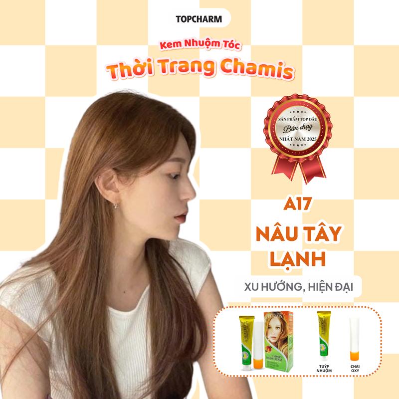 TOPCHARM Kem nhuộm tóc NÂU TÂY LẠNH A17 hiện đại Chamis 30 màu lên màu nhanh chuẩn dưỡng tóc bóng mềm kèm oxy bao tay lược Nhuộm Tóc Đổi Màu Tóc Nữ