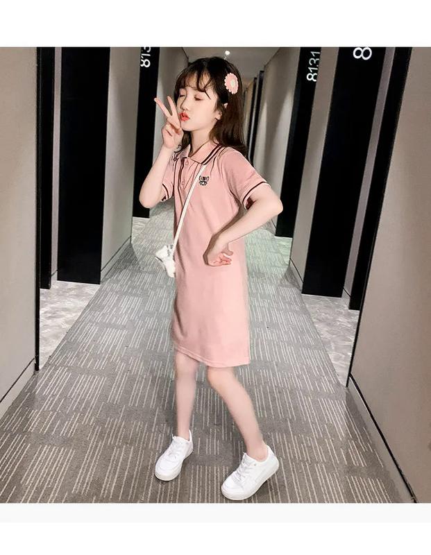 Product Introduction of ชุดเดรสยาวปักลายผึ้งสีชมพูสำหรับเด็กผู้หญิง เสื้อโปโลแขนสั้น ชุดเดรสยาวถึงเข่า แฟชั่น 17