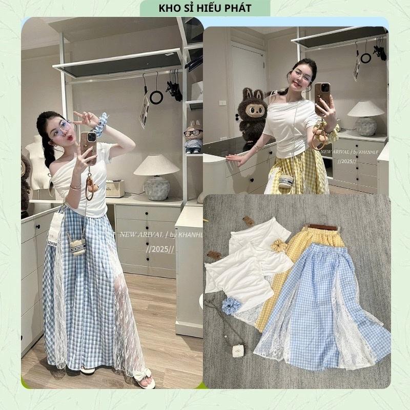    Tặng Kèm Buộc Tóc    Set Áo Lệch Vai Trắng Phối Chân Váy Caro Phối Ren 2 Màu Dáng xoè Đuôi Cá BY HP Set Đồ Nữ Xinh Nhẹ Nhàng 