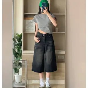 Celana Pendek Denim Biru Retro untuk Pria/Wanita/Celana Crop kaki Lebar Lurus Longgar/Celana Pokek Jeans Gombrong Whisker Cowok