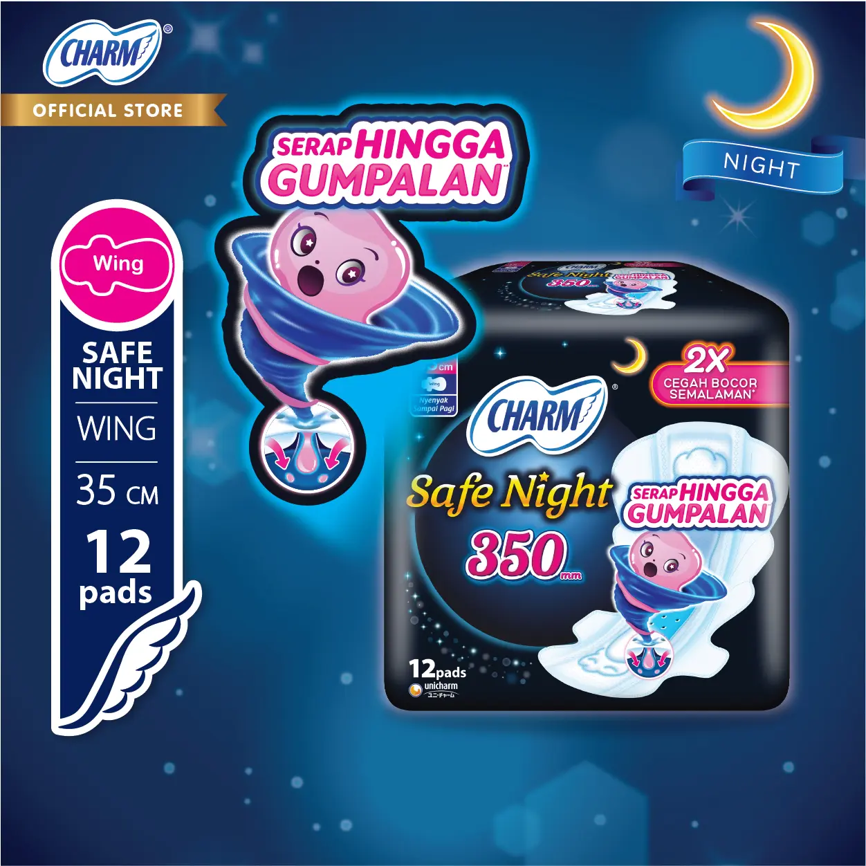 Charm Pembalut Safe Night 35cm Wing 12 pads