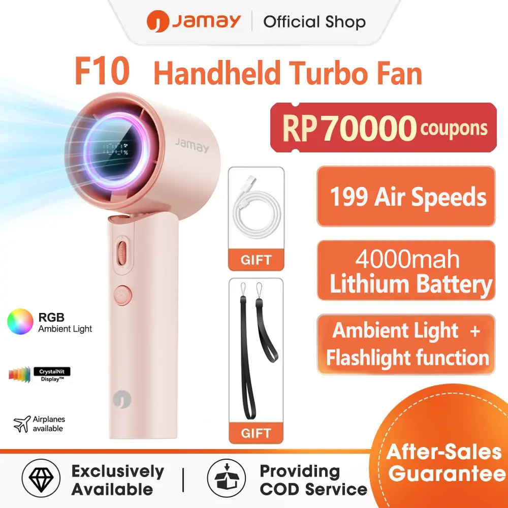 [New] JAMAY F10 Kipas Angin 3 in 1 High-speed Portable Handheld Turbo Fan kipasanginportable 12H Battery Life Digital Display With RGB Ambient Lighting and Torch Function Strong Wind 199 Gear Wind Speed Adjustable Turbo kipas Led Merah Putih