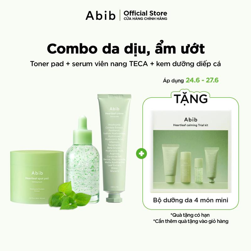 Bộ 3 sản phẩm Abib toner pad, serum viên nang TECA và kem dưỡng diếp cá