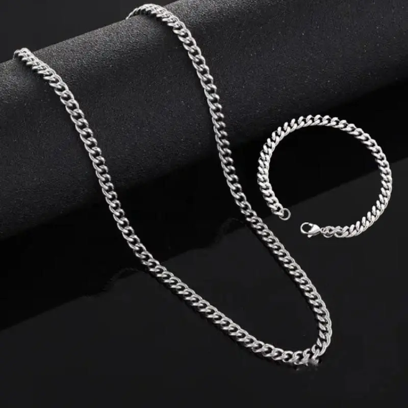 (COD) satu set kalung & gelang titanium anti karat model rantai silver bracelets
