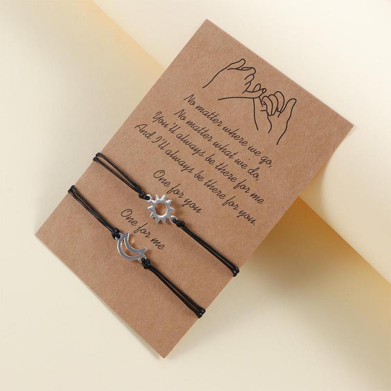 Bộ Vòng Tay Cặp Đôi Cho Nữ, 2 Món, Dây Chỉ Bện Thủ Công Màu Đen, Vòng Tay Thẻ Quyến Rũ Mặt Trời Và Mặt Trăng Bohemian, Đồ Trang Sức 7