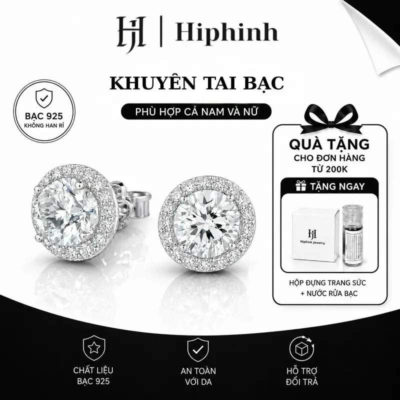 Khuyên tai nụ tròn đính đá chủ nam nữ nhiều size chất liệu bạc 925 Hiphinh jewelry HJ01