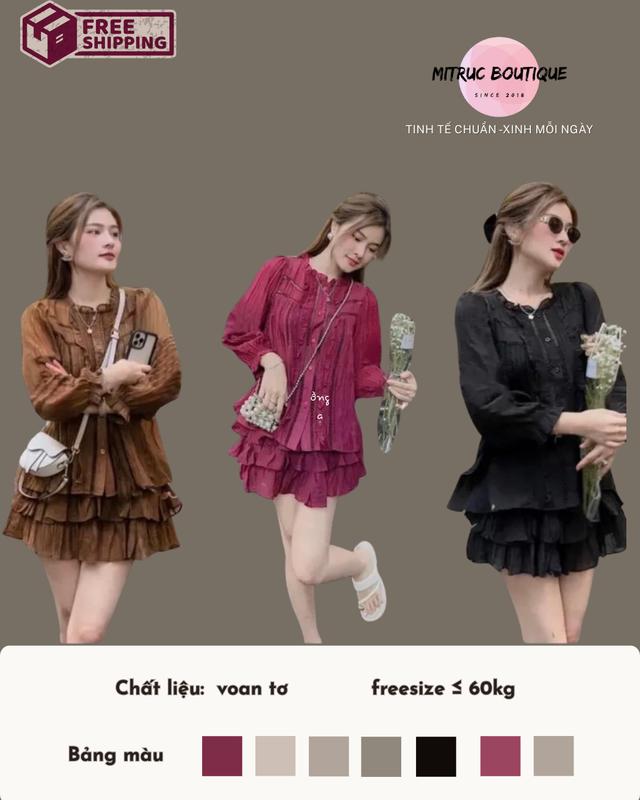 S158 Set babydoll voan tơ dành cho nữ cổ bèo tay dài bo kèm áo 2 dây + chân váy tầng- MITRUC size 40-60kg NEW Women