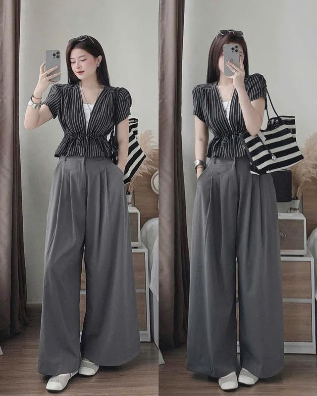 sét đồ nữ áo thiết kế kẻ sọc lót ống tăm kèm quần dài fom rộng xinh xắn cho các nàng diện đi chơi