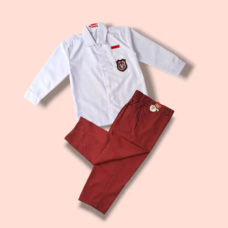 Setelan Seragam Sekolah Merah Putih SD Anak Laki -Laki Baju Putih Lengan Panjang Celana Merah Panjang 2