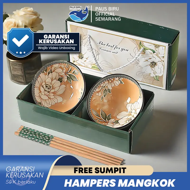 Paus Biru - SNI Set Hampers Mangkok Keramik Isi 2 Gratis Box dan Sumpit - Kado Parcel Souvenir Natal Nikahan Lebaran