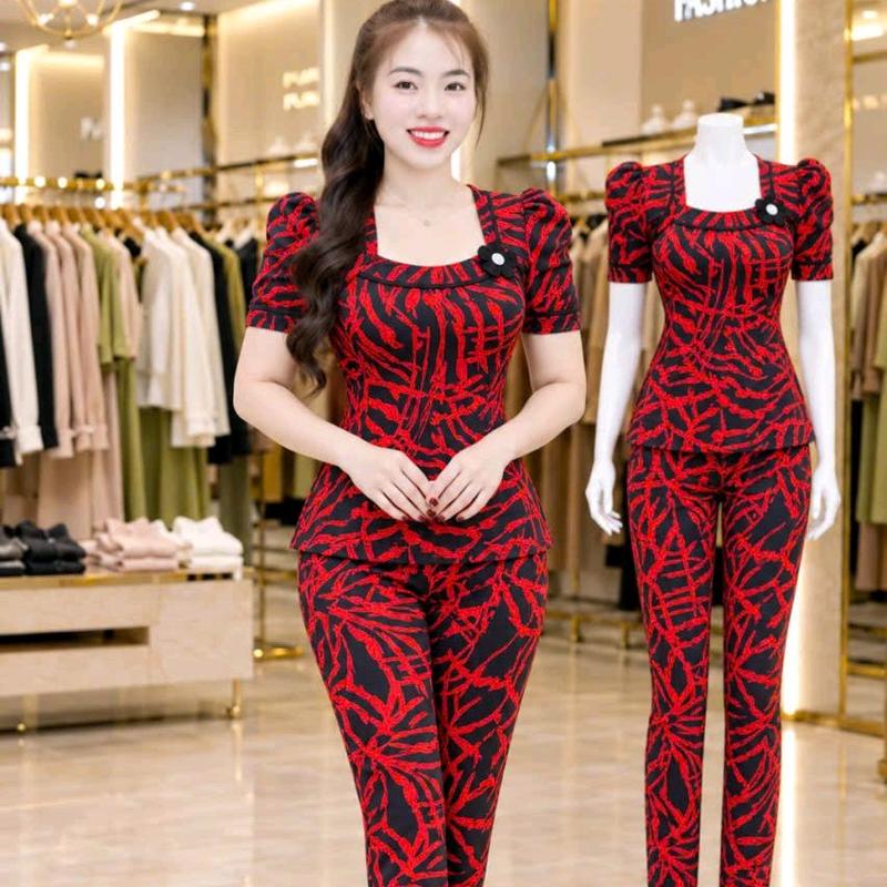 BỘ CỔ VUÔNG TIM KẾT BÔNG-- THUN ATY TƠ-- QUẦN DÀI ỐNG ÔM