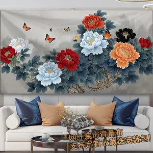 Lukisan peoni bunga nasional bergaya Tionghoa untuk dekorasi ruang tamu, kantor, dan penyewaan rumah, kain latar dinding, karpet gantung untuk live streaming populer