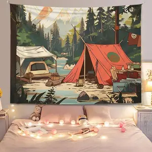 Kain gantung luar ruangan bergaya berkemah tren retro kain latar belakang retro Amerika kain dinding suasana hiking kain gantung dekoratif