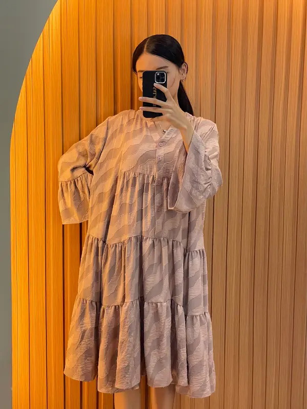 [NEW] Salattire Flora Midi Dress | Midi Dress Over Size Rayon Jaquat Motif Ombak Lengan Panjang Bordir Bunga Busui Cantik Gaun Ibu Katun Nyaman 4