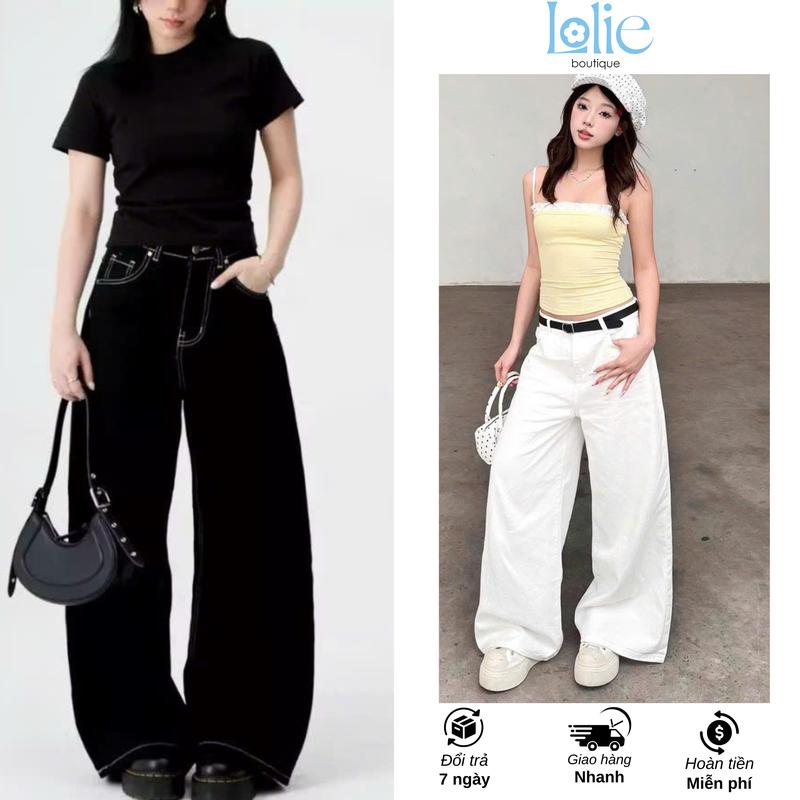  Quần jean ống rộng Retro nữ LOLIE quần bò nữ Xanh Bạc dáng suông đứng style Vintage Ulzzang hàn quốc 2025 