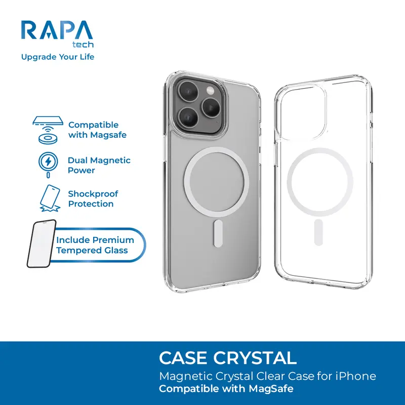 RAPAtech Hybrid MagSafe Clear Case and Leather Case iPhone 13 14 15 16 series Case Crystal 2 in 1 with Premium Tempered Glass casing iphone Protector Layar Ponsel x J 2
