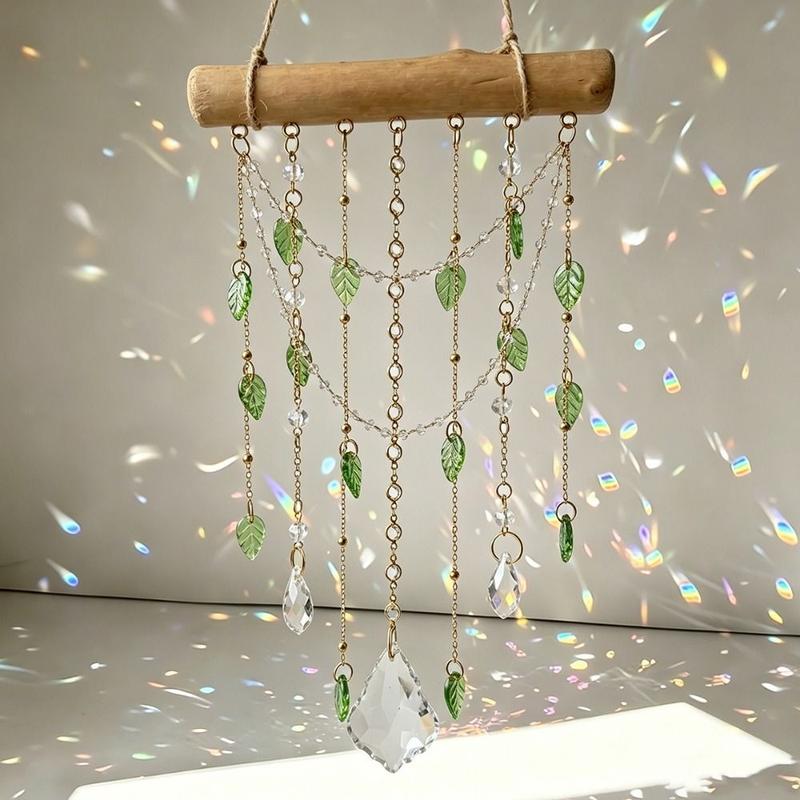 Chuông gió pha lê đính hạt Cây gậy gỗ Suncatcher Tuyệt đẹp Lá Xanh Đồ trang trí…