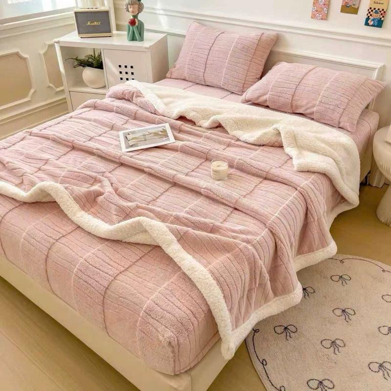 Bộ chăn ga gối nỉ mix lông cừu cao cấp 4 món mềm ấm Rubi decor ga 2 vỏ gối nằm chăn