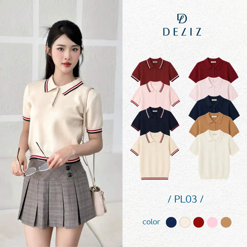 DELIZ - Áo polo cộc tay nữ chất len mềm Sarah phối viền nổi bật tông màu nhẹ nhàng - PL03