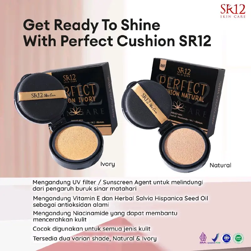 Perfect Cushion SR12 Bedak Basah dan Refil isi ulang Glowing Tahan Lama Anti Air BPOM Skincare Natural dan Ivory Concealer Foundation Cover long Lasting Waterproof 6