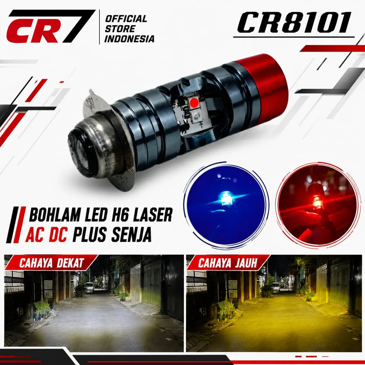 CR7 C8101 - Lampu Depan LED H6 Hi/Low Laser Arus AC/DC Plus Senja Universal Motor Matic Bebek