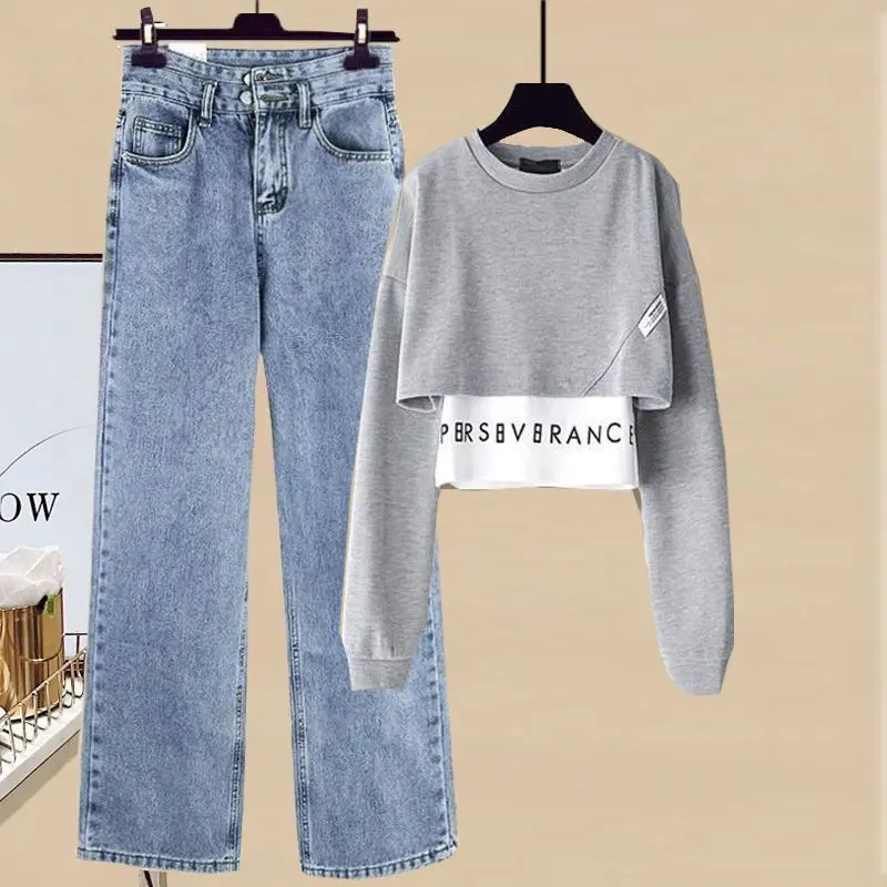 Small stature set for women's autumn clothing design, fake two-piece pullover sweater, slim high waisted denim wide leg pants, two-piece set