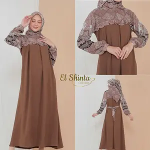 Gamis Elegant  Kombinasi  Ceruty Etnik Motif  Bunga  Terbaru Mix Crinkle Airflow Hitam Series Dress Muslim Wanita Dewasa Cantik