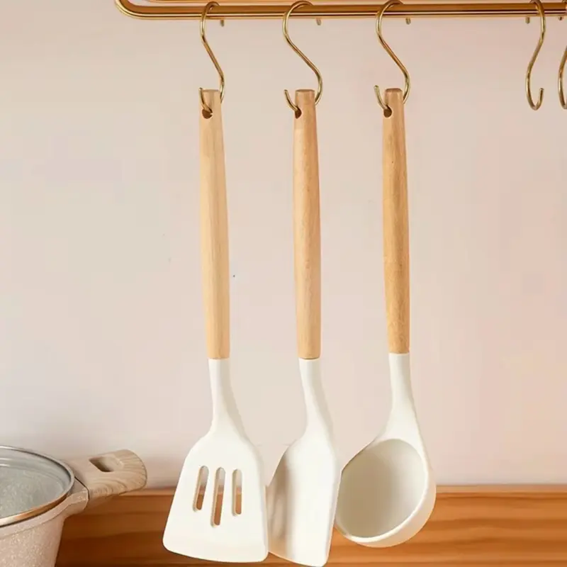 HIGH SELECT Set Peralatan Dapur Silikon Putih Alat Masak Peralatan Dapur Anti Lengket Kayu Kitchenware spatula 5