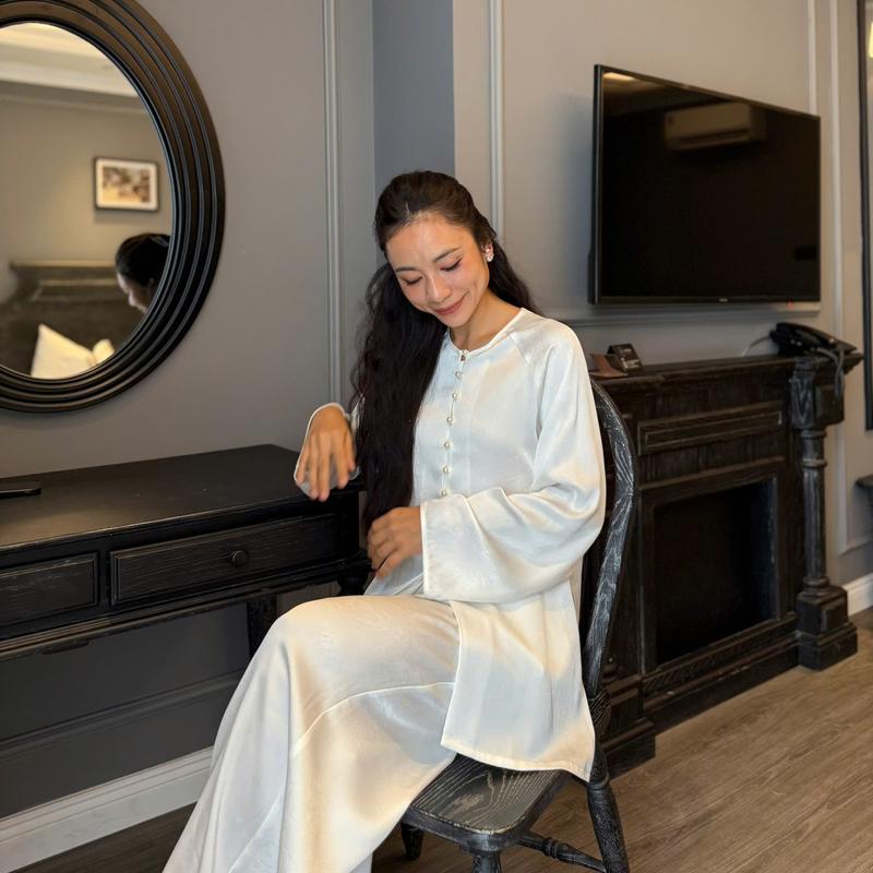  S166 SET ĐỒ NỮ BỘ BÀ BA ĐÍNH NÚT NGỌC TRAI CHẤT LIỆU LỤA VÂN MỜ FREESIZE- set đồ sang chảnh nữ 