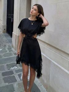 Vestido de encaje con recortes para mujer, sexy y asimétrico, estilo cape, de fiesta y noche, con abertura, en satén negro o marrón, para prom/gala