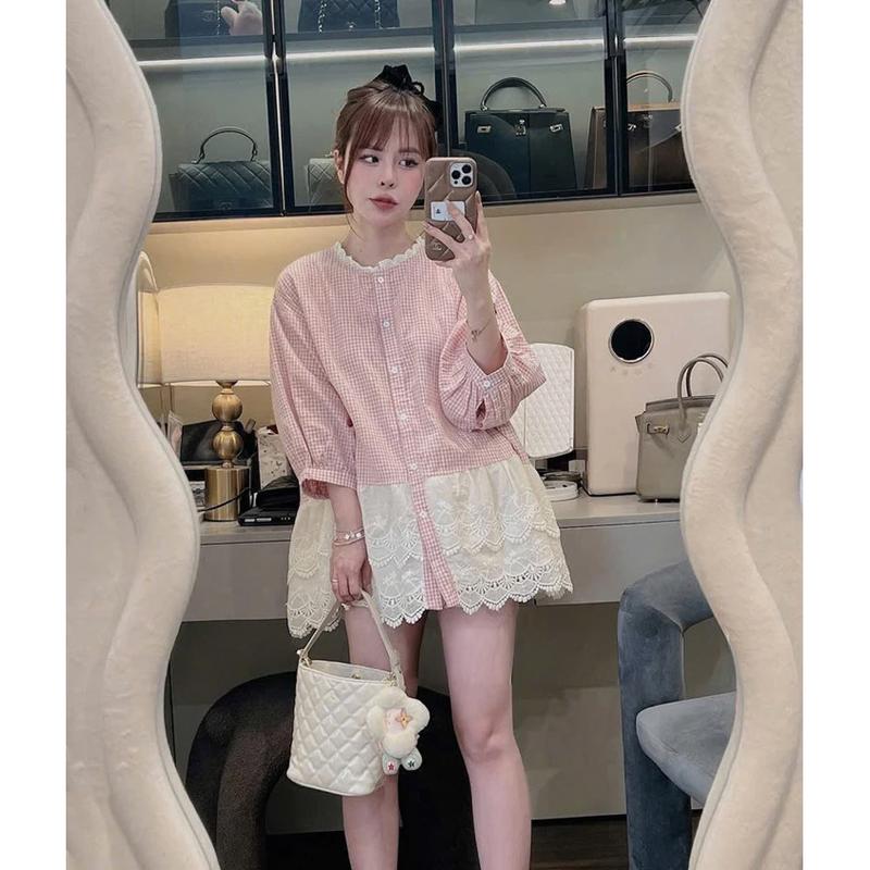 Váy Kẻ Thụng Kẻ Hồng Caro Phối Ren Dài Tay Thiết Kế Cổ Tròn Ren