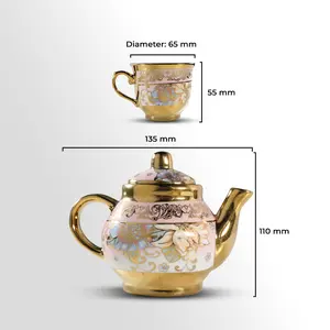 SUNFILI Cangkir Teko Keramik Set 4 Cups 1 Pot European Style - B140 Cangkir Hampers souvenir Pernikahan Hampers Lebaran Kado Ulang Tahun Buah Teh Tea Gelas - golden/blue, PLUS BUBBLE WRAP