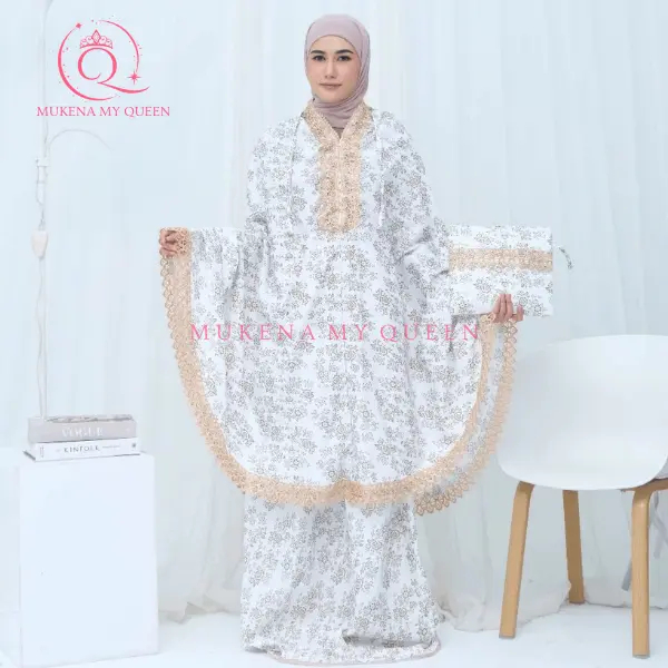 MyQueen - Mukena Dewasa 2in1 Checille Series Traveling Motif Bunga Full Printing Renda Mewah Jumbo Foil Premium Panjang Mukenah Wanita Cantik Remaja Muslim 0