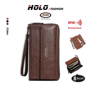 HOLO Dompet Pria Kulit Dompet Panjang Dompet Hp Dan Uang Kapasitas Tinggi Gaya Retro Hitam