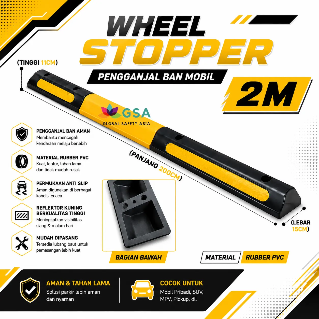 Wheel Stopper Car Heavy Duty Karet Parkir Mobil Anti Geser Reflektif 200 Cm