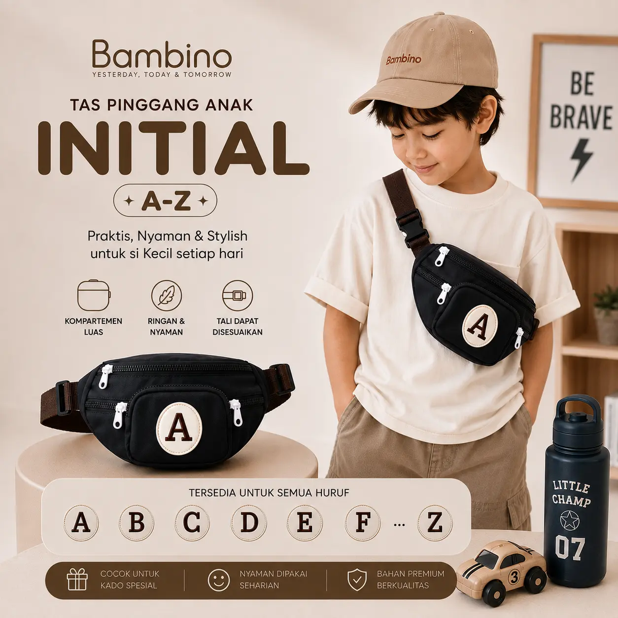 Bambino Kidswear - Sling Bag Inisial Anak-anak Cowok Cewek - Waist Bag Anak - Tas Selempang Anak Laki-laki Perempuan Inisial Nama Alphabet Usia 2-8 Tahun